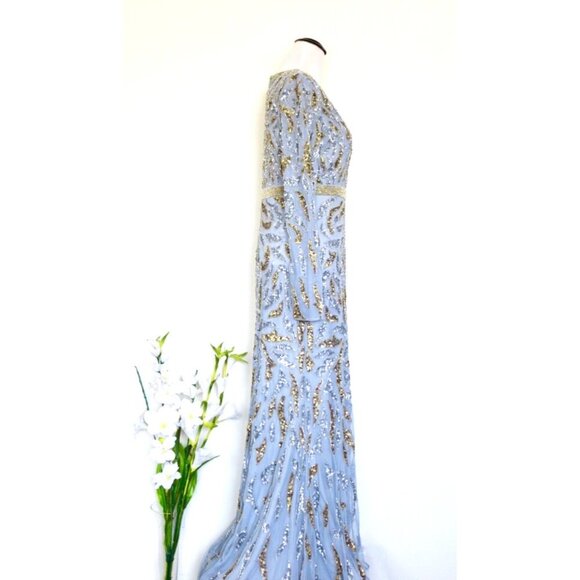 NEW! Mac Duggal Platinum Silver Gold Paisley Beaded Long Sleeve Gown SZ 6 - Picture 8 of 11